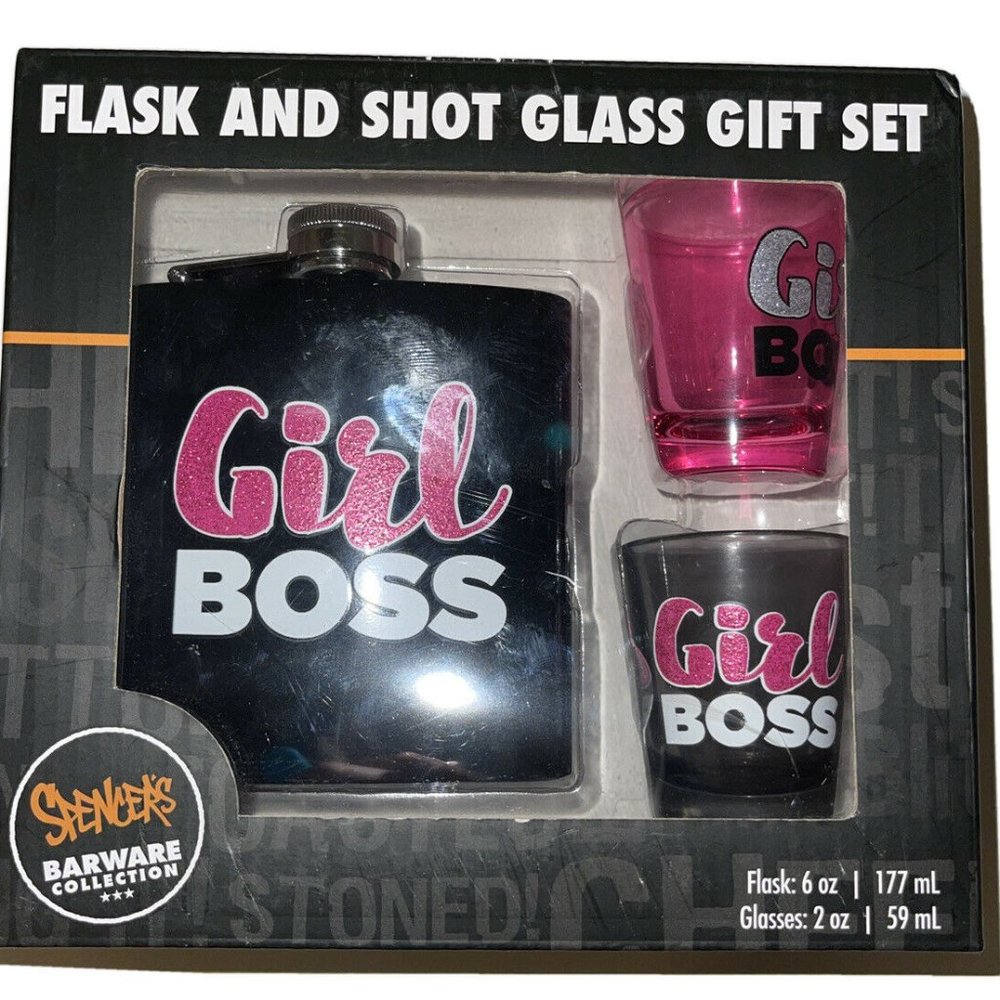 Girl Boss Flask & Shot Glass Gift SET 3 PC Black/Pink 2 Shot Glasses Novelty NIB